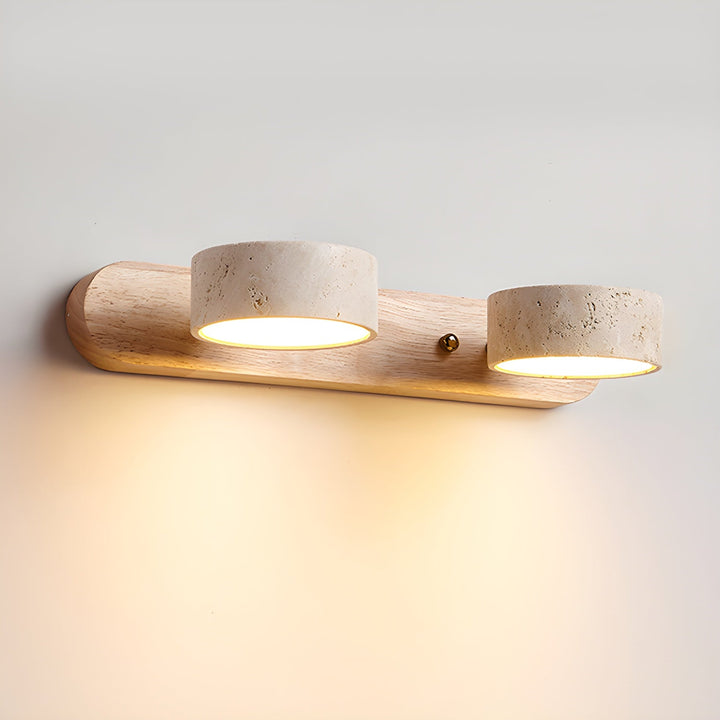 Modern wall lamp with travertine and wood in a minimalist duo design