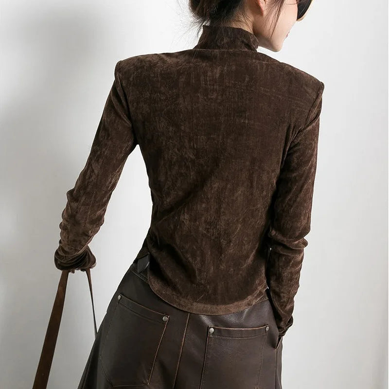 Women's brown velvet top – elegant long-sleeved basic