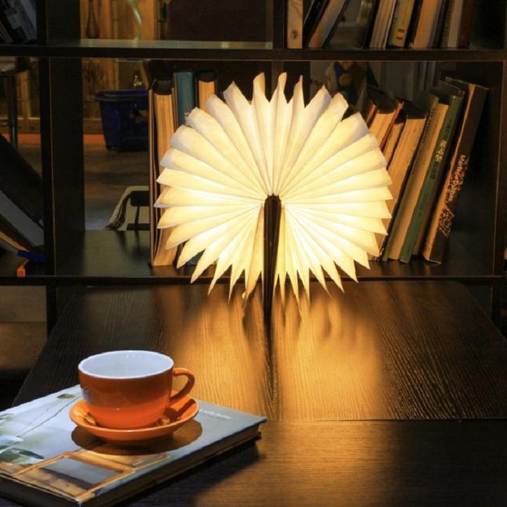 Foldable LED book lamp with wood look and rechargeable battery
