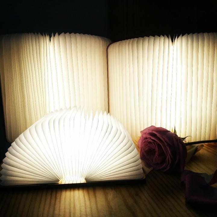 Foldable LED book lamp with wood look and rechargeable battery