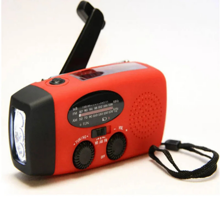 Multifunctional emergency radio with power bank – solar, USB, hand crank and LED flashlight for emergencies