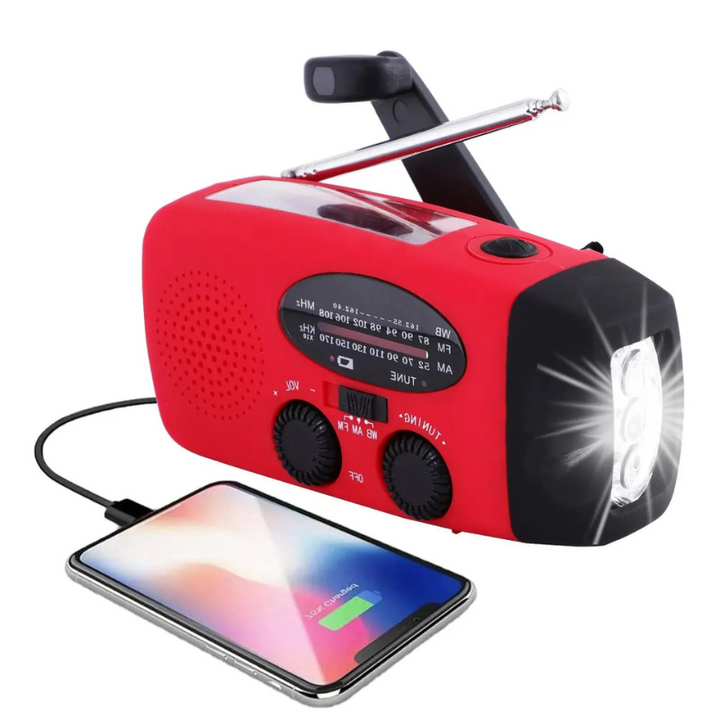 Multifunctional emergency radio with power bank – solar, USB, hand crank and LED flashlight for emergencies