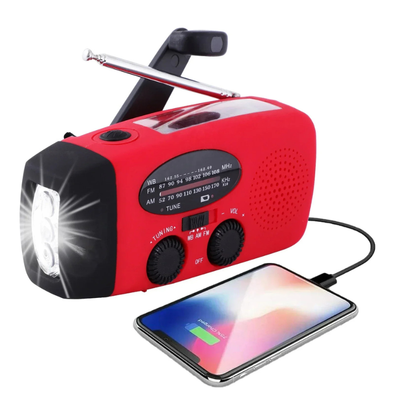 Multifunctional emergency radio with power bank – solar, USB, hand crank and LED flashlight for emergencies