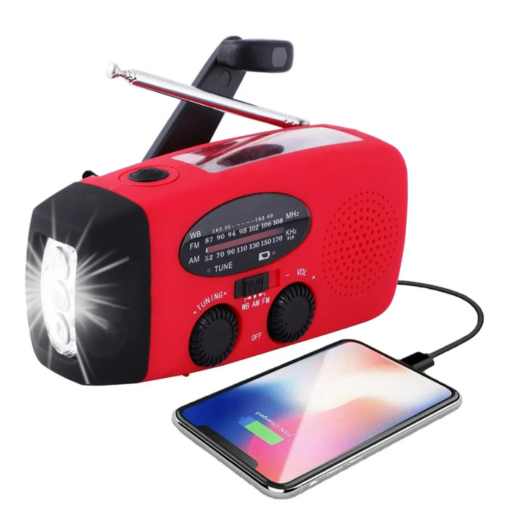 Multifunctional emergency radio with power bank – solar, USB, hand crank and LED flashlight for emergencies