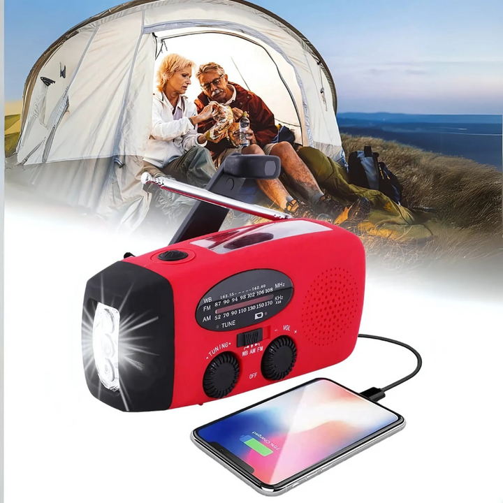 Multifunctional emergency radio with power bank – solar, USB, hand crank and LED flashlight for emergencies