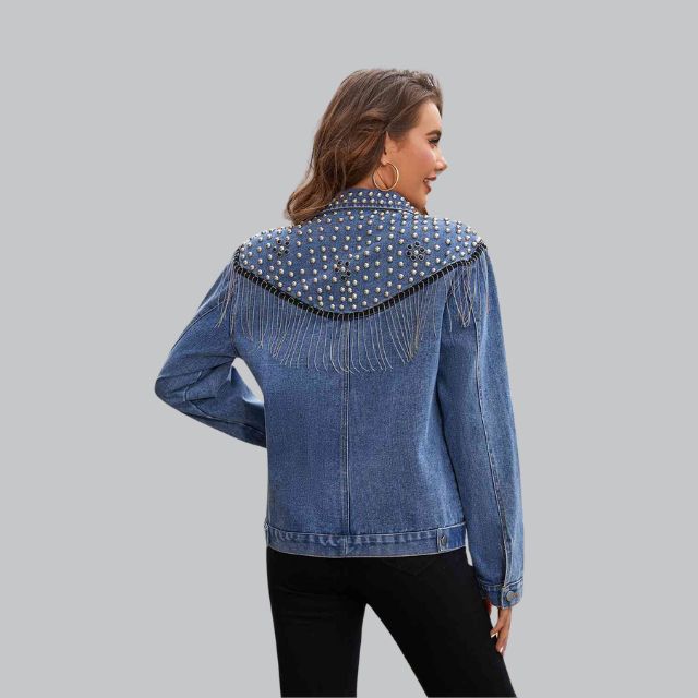 Women's denim jacket with pearls and fringe 