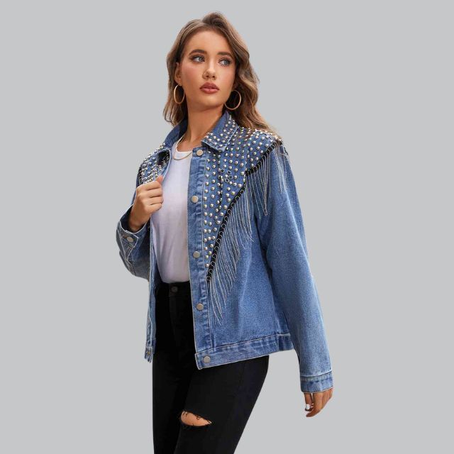 Women's denim jacket with pearls and fringe 