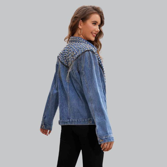 Women's denim jacket with pearls and fringe 