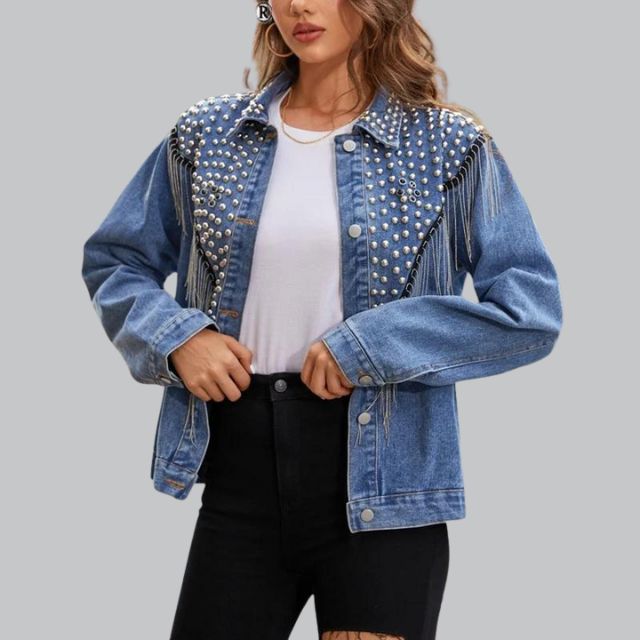 Women's denim jacket with pearls and fringe 