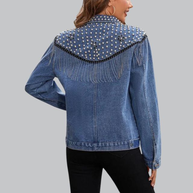 Women's denim jacket with pearls and fringe 