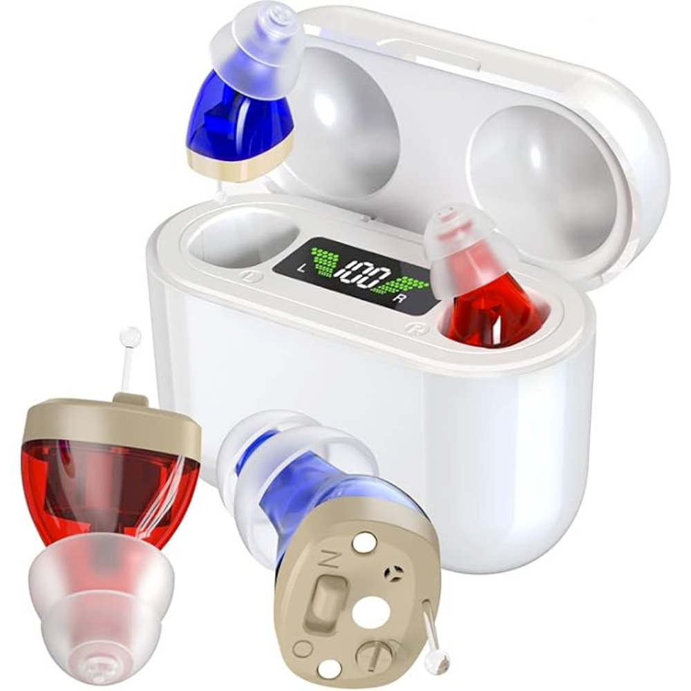 Invisible hearing aid with noise filter – Rechargeable in-ear device with charging case