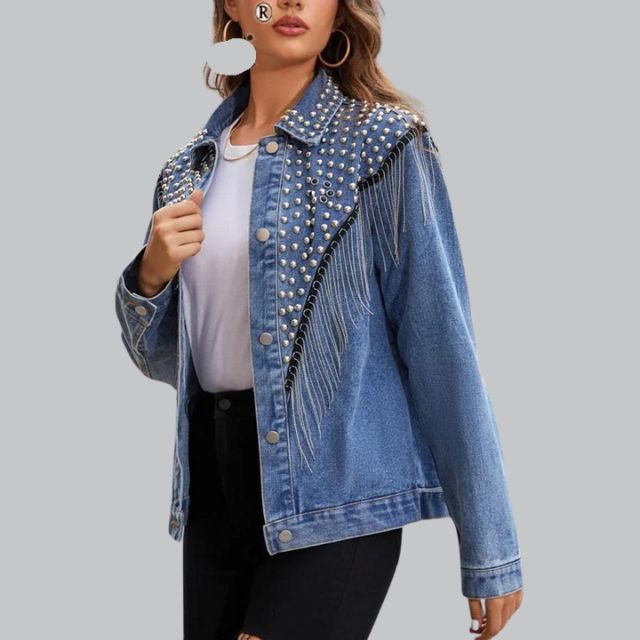 Women's denim jacket with pearls and fringe 