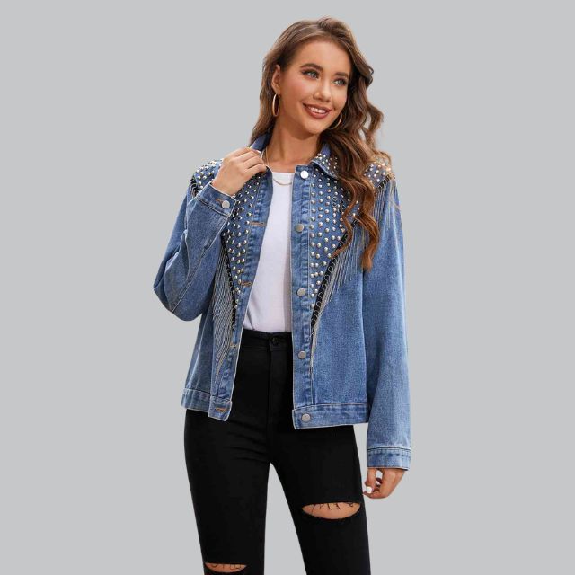 Women's denim jacket with pearls and fringe 