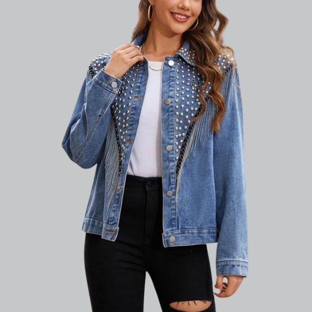 Women's denim jacket with pearls and fringe 