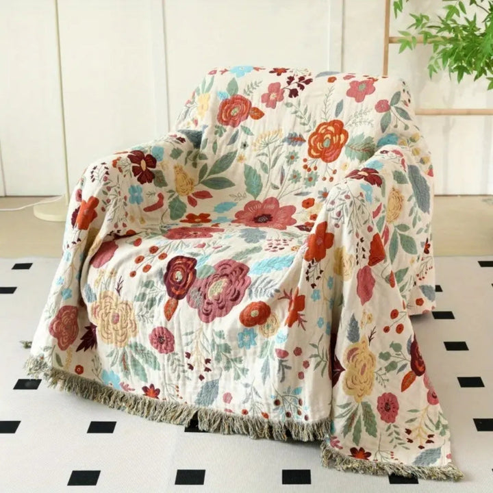 Boho cotton blanket – reversible throw with floral pattern and tassels