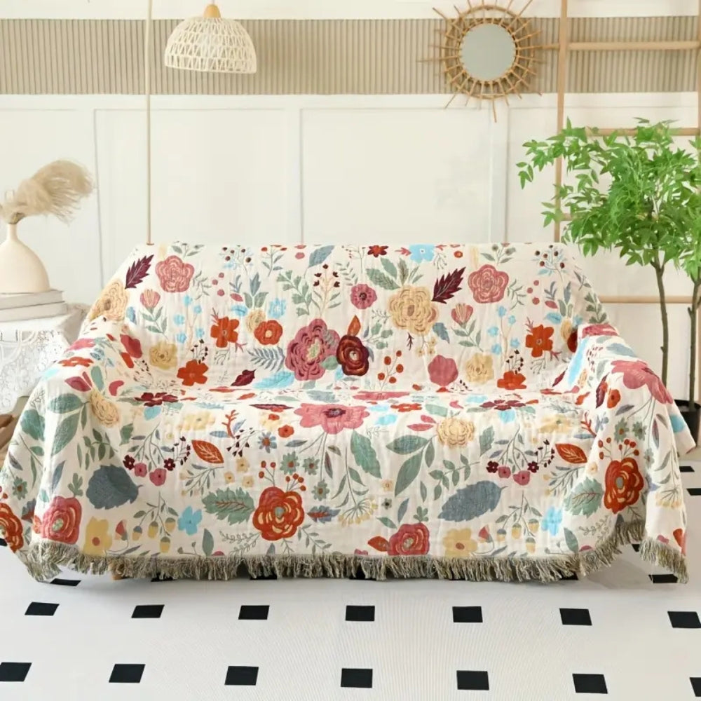 Boho cotton blanket – reversible throw with floral pattern and tassels