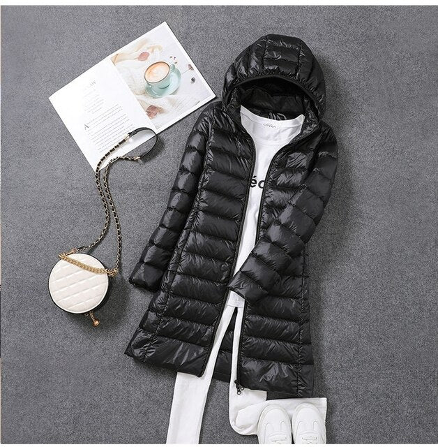 Women's Long Down Coat with Detachable Hood