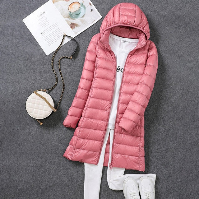 Women's Long Down Coat with Detachable Hood