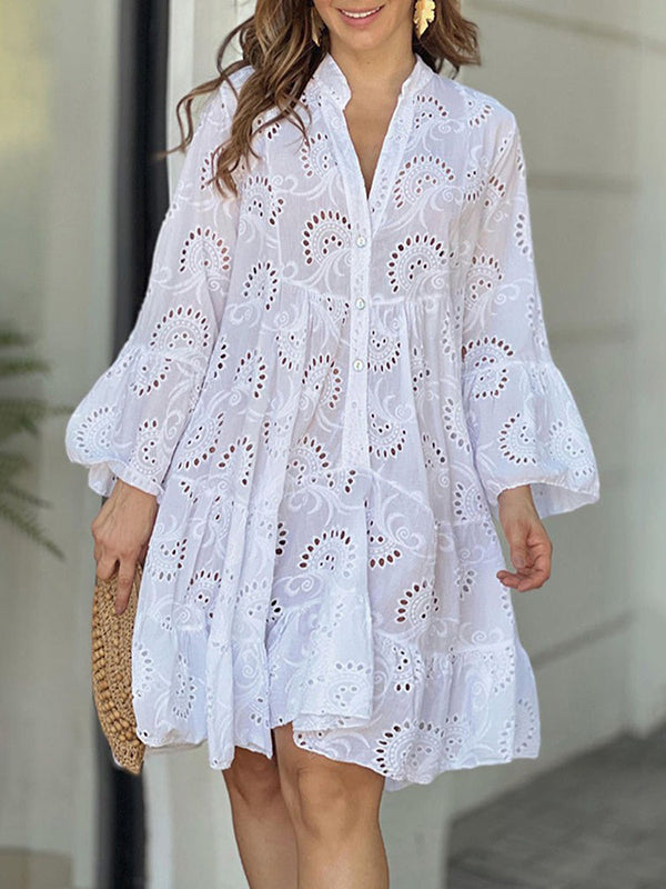 A-Line V-Neck Mini Dress with Flared Sleeves and Button Detail