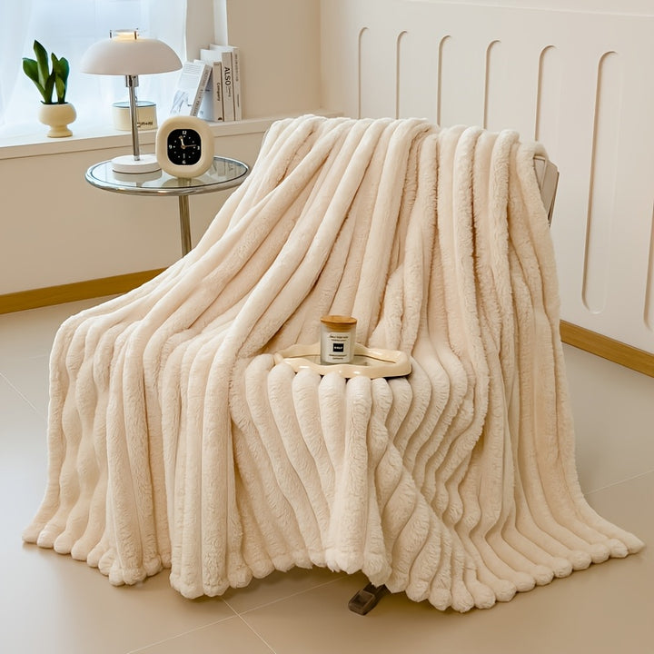 Striped flannel throw blanket with faux fur and drawstring