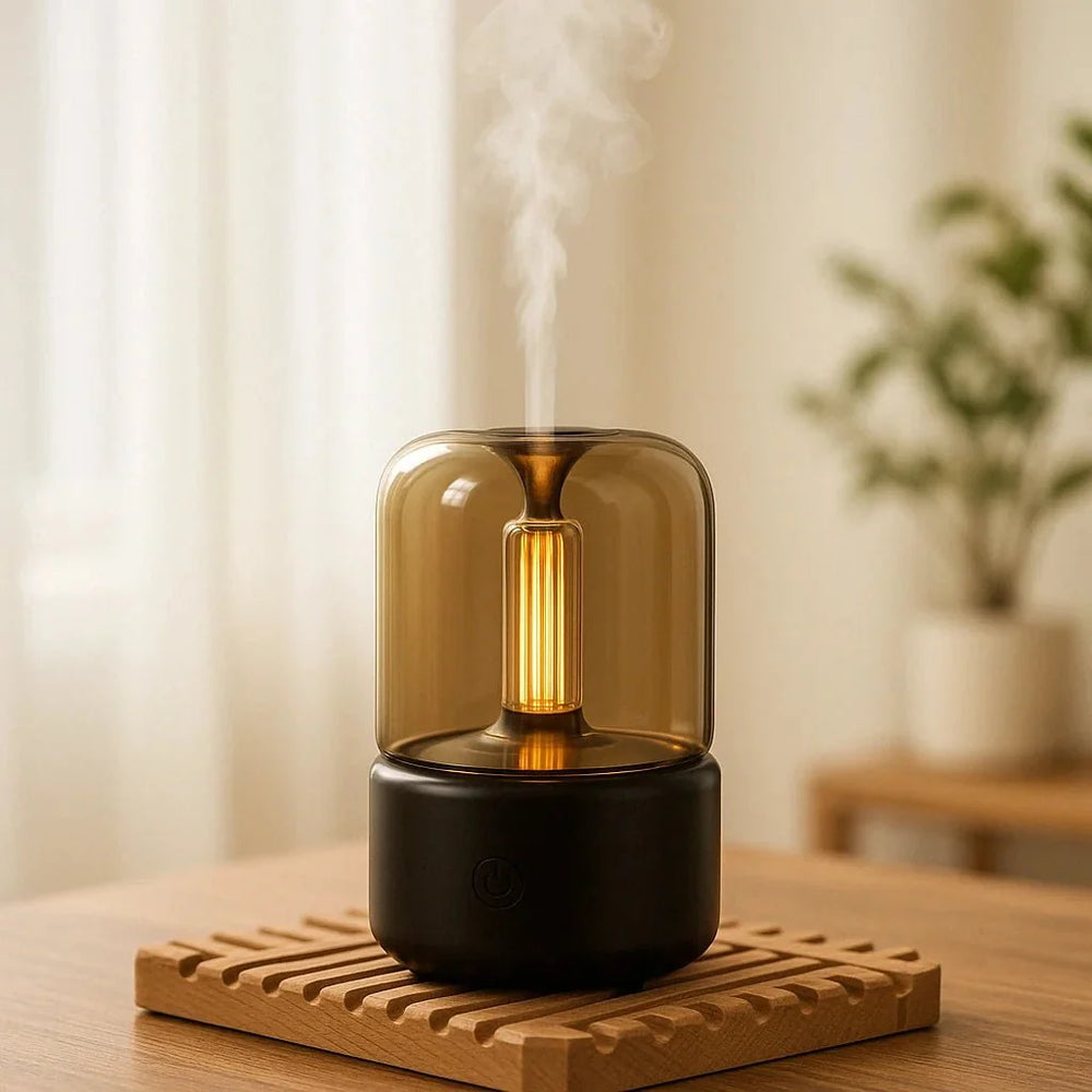 Aromadiffusor mit bernsteinfarbenem Licht und flammenähnlichem Leuchteffekt