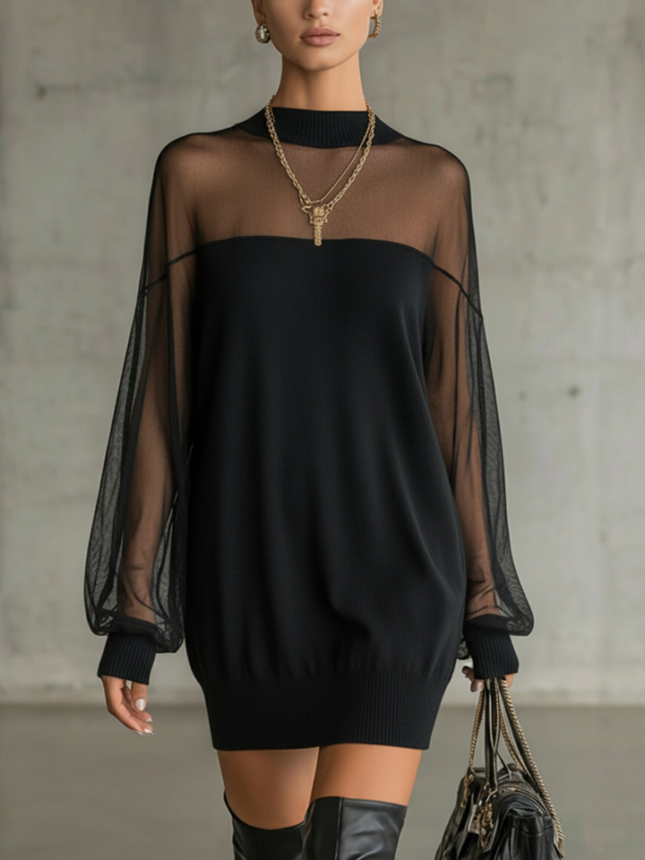 Elegant Black Mini Dress with Sheer Mesh Sleeves