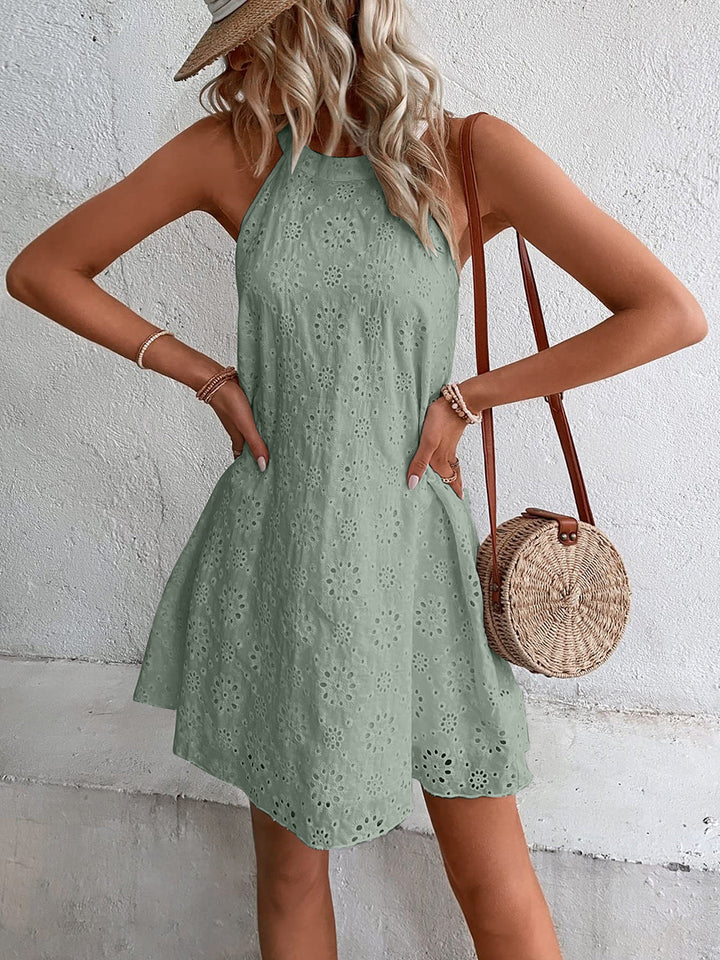 Eyelet Grecian Neckline Mini Dress