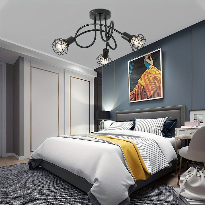 Industrial 3-light ceiling lamp with metal cage