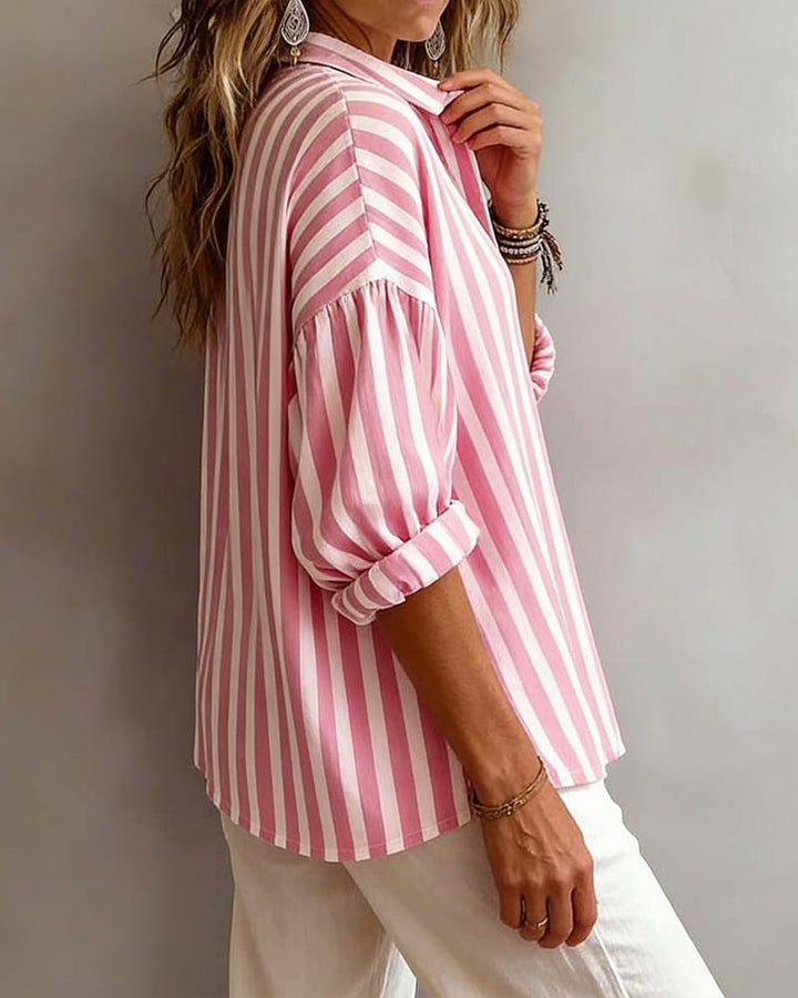 Loose-Fitting Striped Collared Blouse for Women