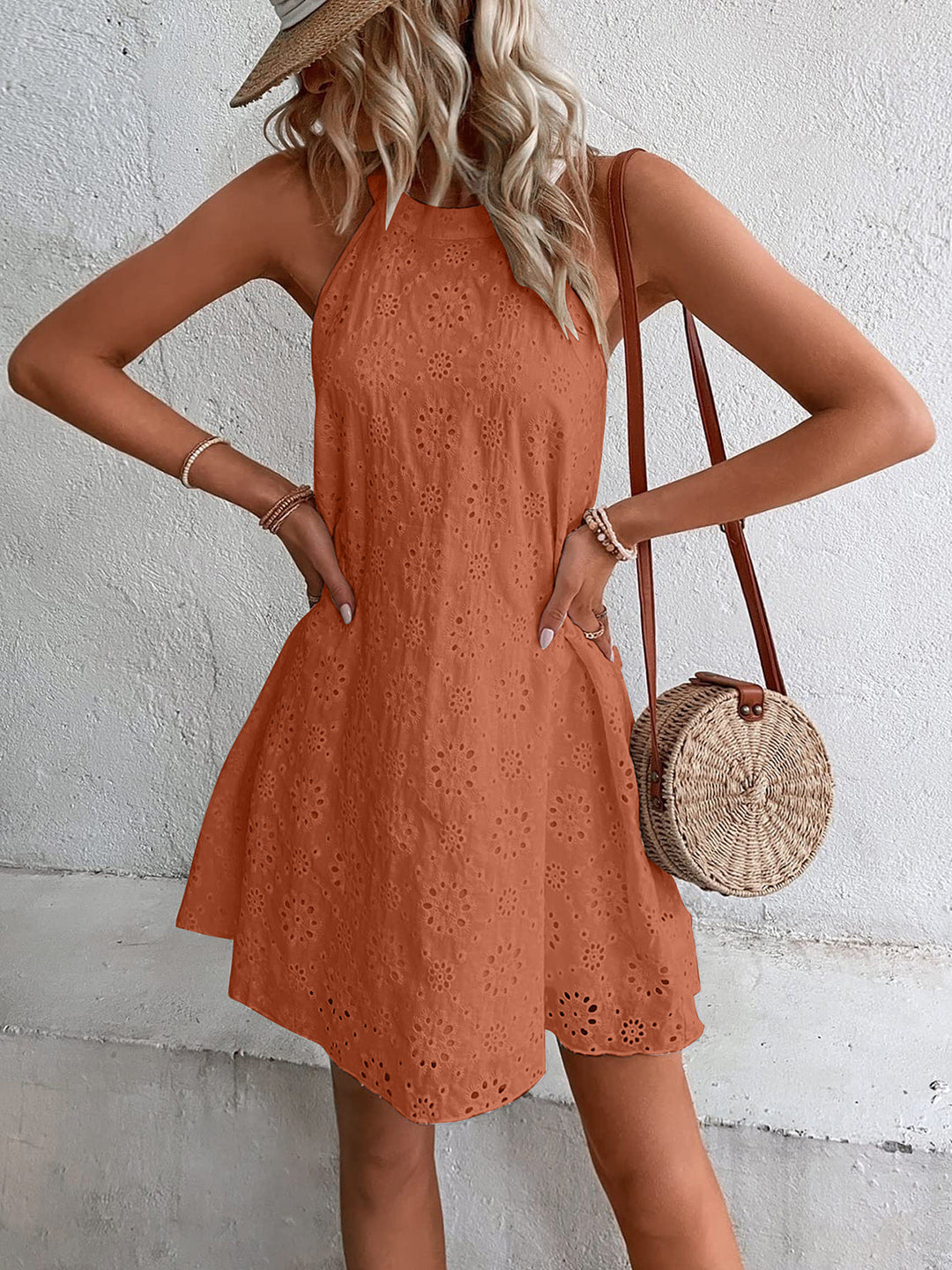 Eyelet Grecian Neckline Mini Dress