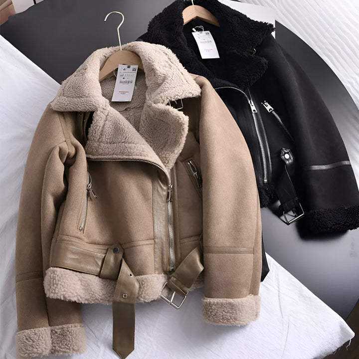 Women's biker jacket with faux fur lining and belt