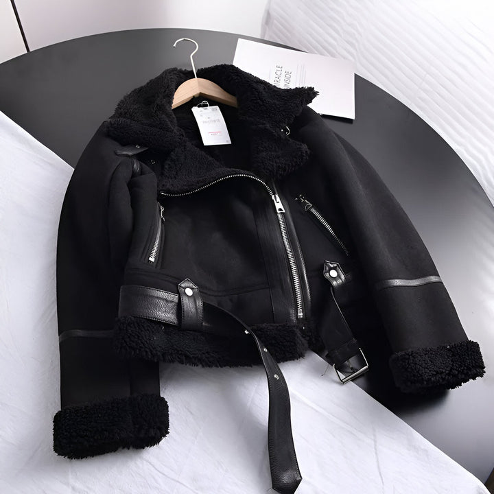 Women's biker jacket with faux fur lining and belt
