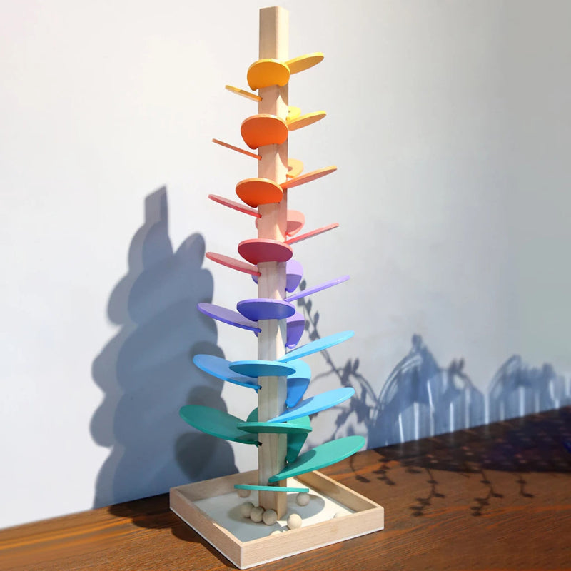 Interactive rainbow marble tower made of wood – discover colors &amp; sounds through play