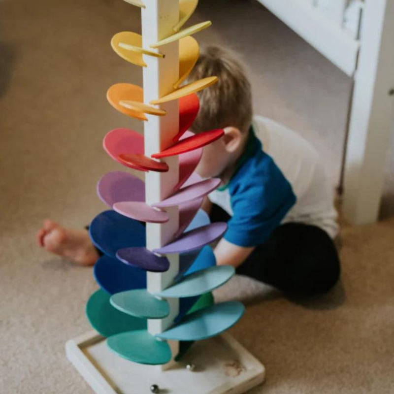 Interactive rainbow marble tower made of wood – discover colors &amp; sounds through play