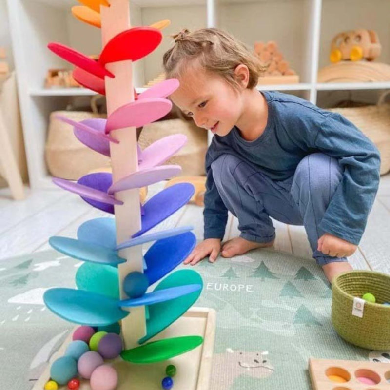 Interactive rainbow marble tower made of wood – discover colors &amp; sounds through play
