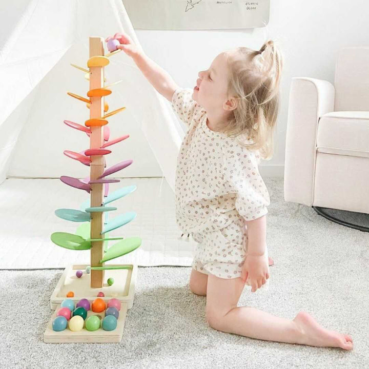Interactive rainbow marble tower made of wood – discover colors &amp; sounds through play