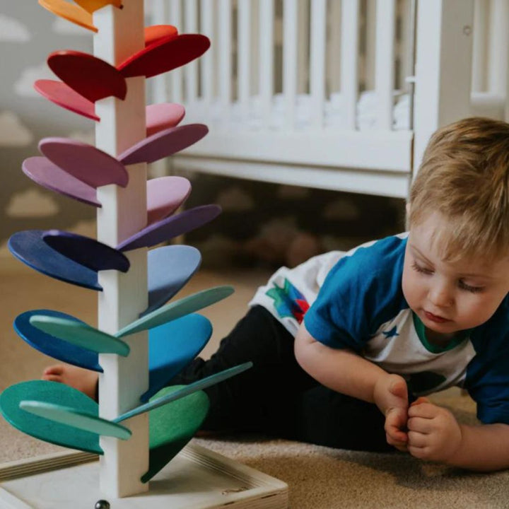 Interactive rainbow marble tower made of wood – discover colors &amp; sounds through play
