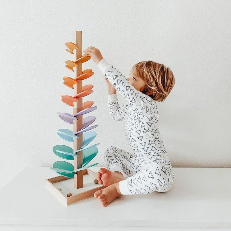 Interactive rainbow marble tower made of wood – discover colors &amp; sounds through play