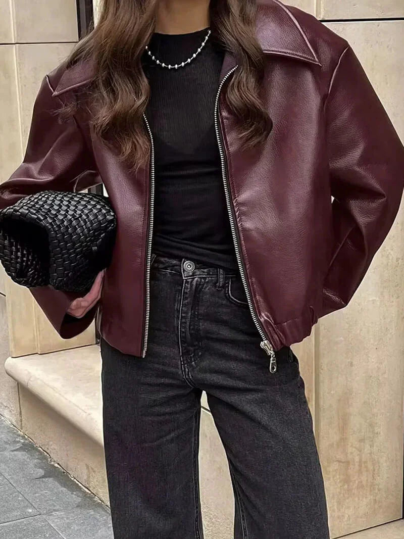 Women's faux leather jacket in burgundy with a modern cut