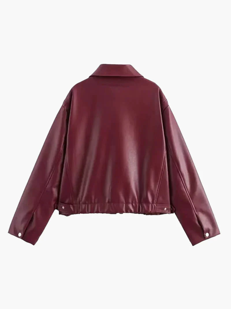 Women's faux leather jacket in burgundy with a modern cut