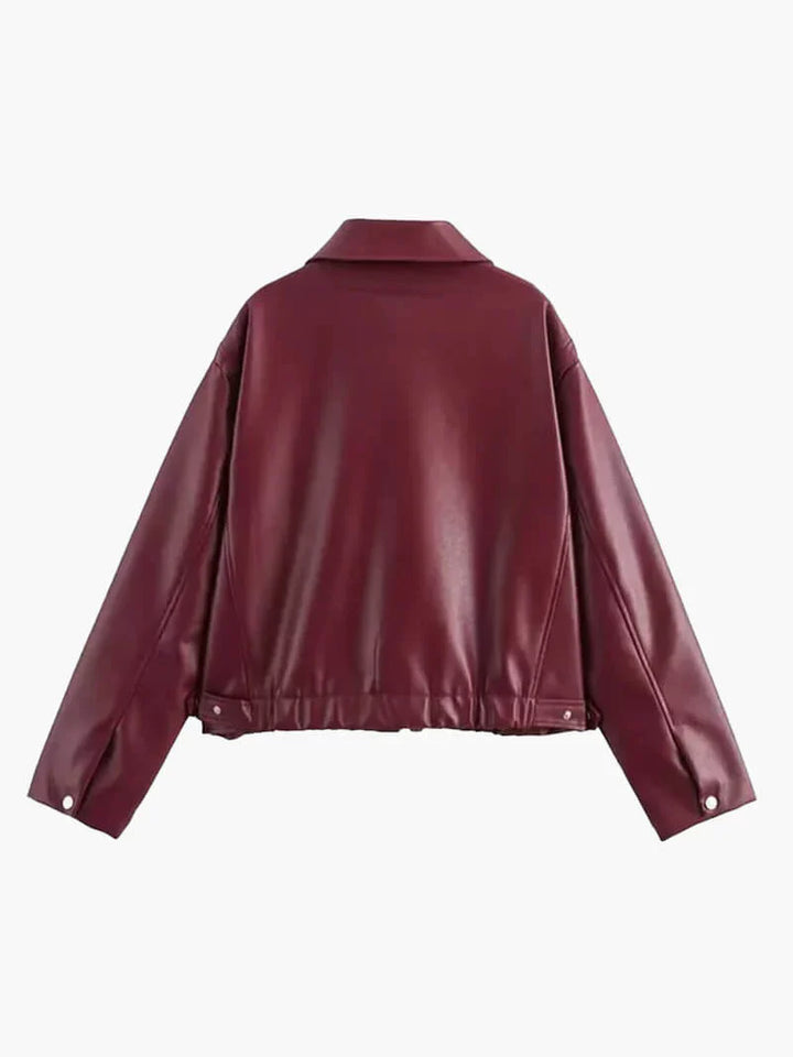 Women's faux leather jacket in burgundy with a modern cut