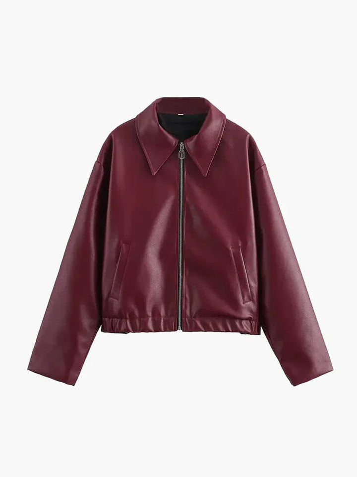 Women's faux leather jacket in burgundy with a modern cut