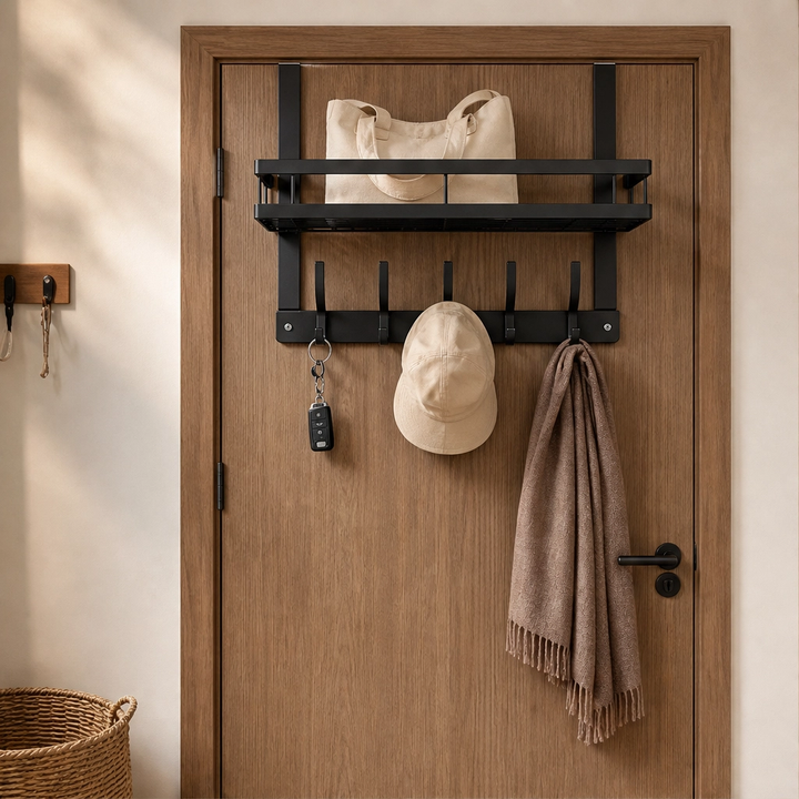 Türhakenleiste mit Ablagekorb für Bad, Küche oder Schlafzimmer