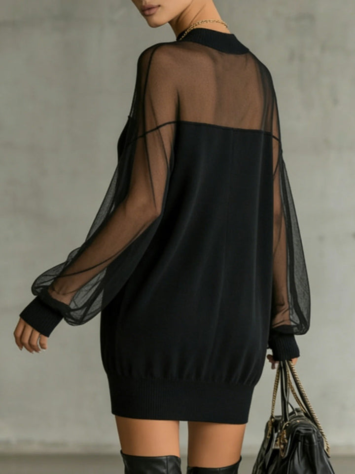 Elegant Black Mini Dress with Sheer Mesh Sleeves
