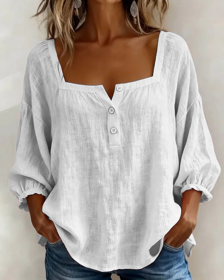 Cotton Blouse with Square Neckline and Long Sleeves