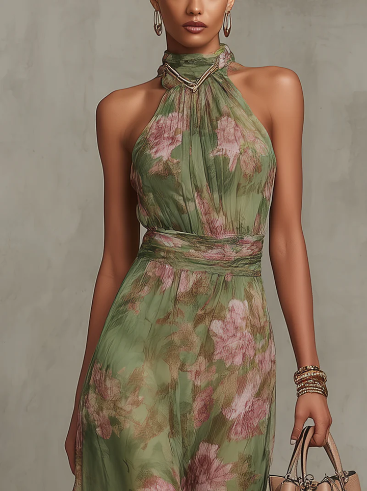 Green Floral Chiffon Halter Neck Maxi Dress