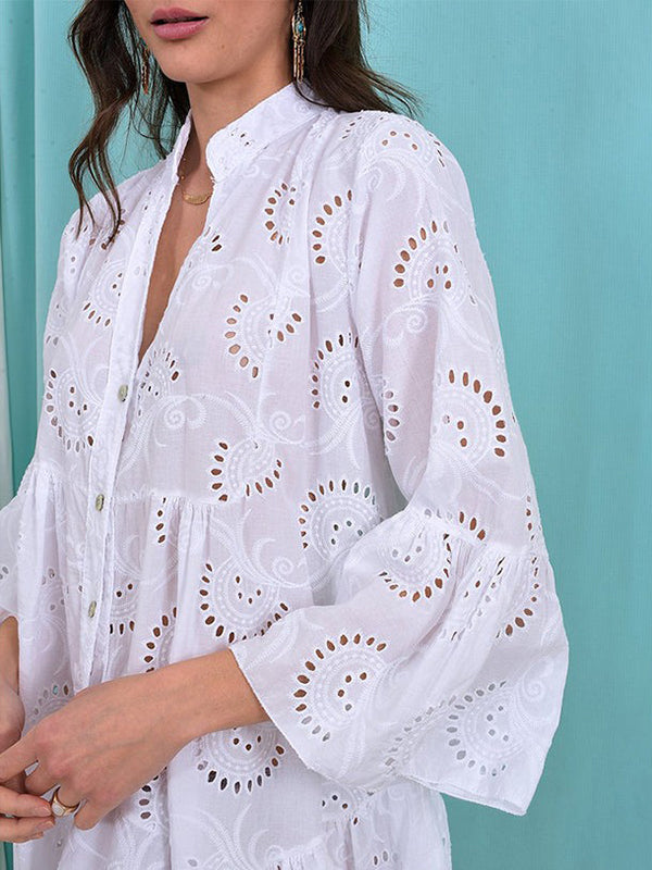 A-Line V-Neck Mini Dress with Flared Sleeves and Button Detail