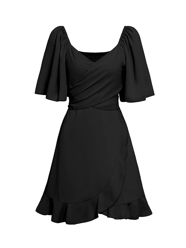 Flared Sleeve V-Neck Ruffled Mini Dress with Tied Waist