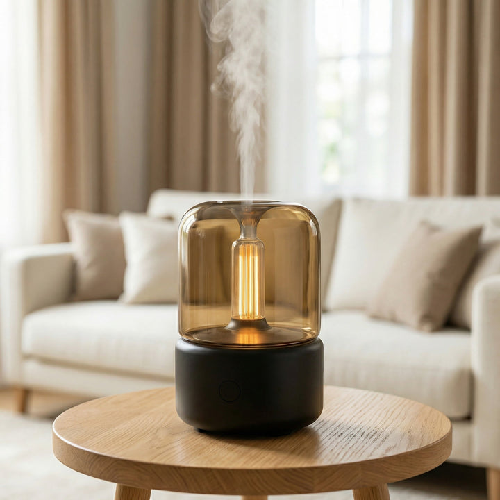 Ultraschall-Aromadiffusor mit warmem Flammenlicht auf einer Oberfläche