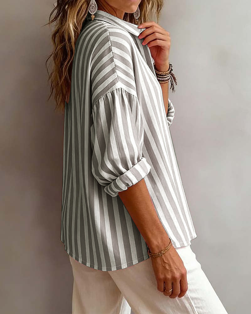 Loose-Fitting Striped Collared Blouse for Women